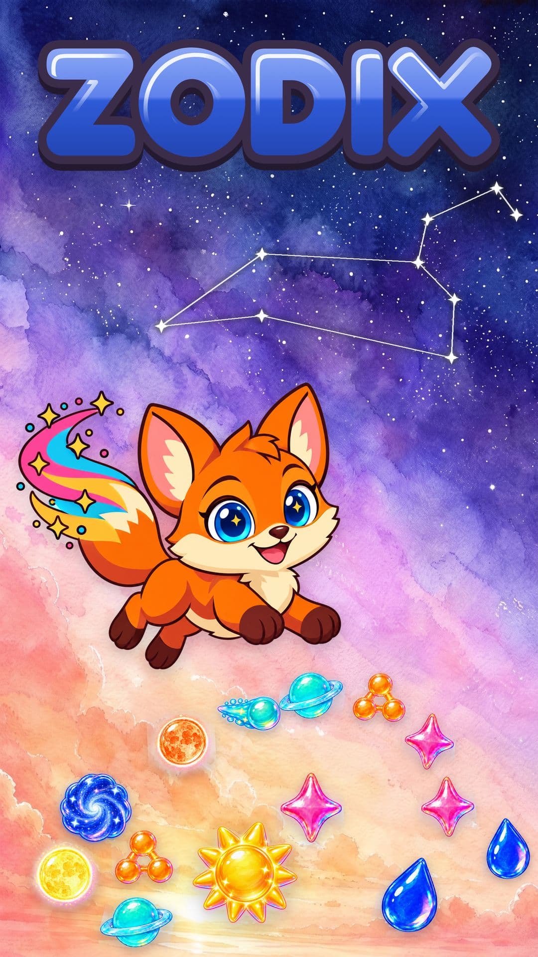 Zodix key art: Pyxie the fox cub leaping under the Zodix wordmark, with the six stars and a constellation on a dawn sky turning to night