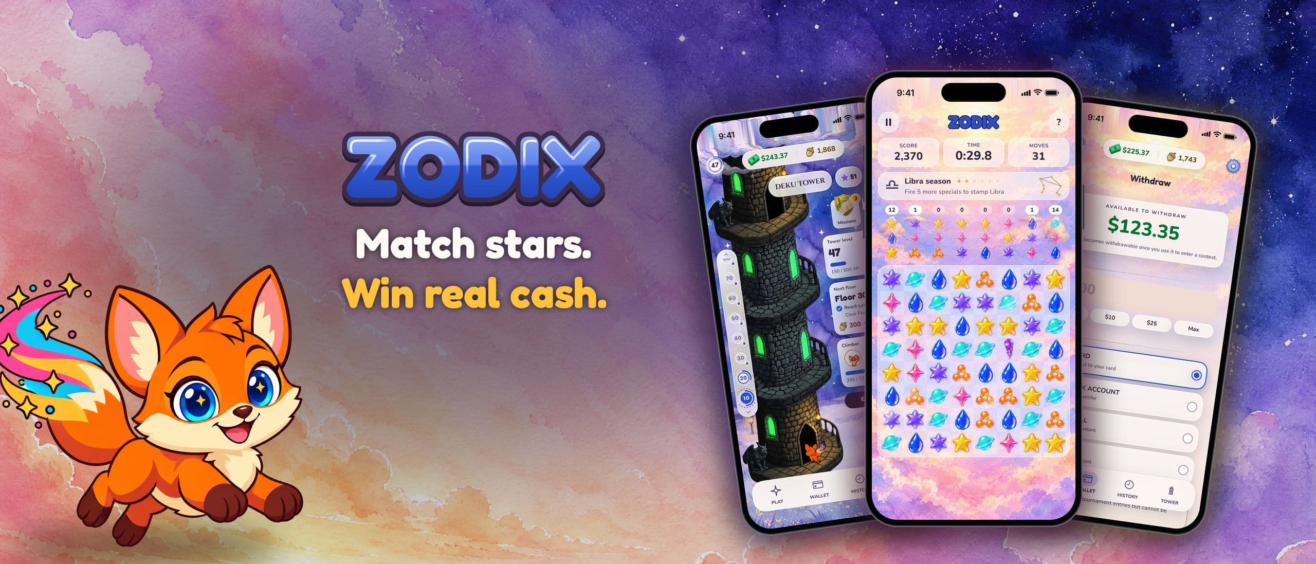 Zodix: Pyxie the fox cub leaping beside the Zodix wordmark and the line Match stars. Win real cash., with three phones showing the Deku Tower, a Zodix board and the withdraw screen