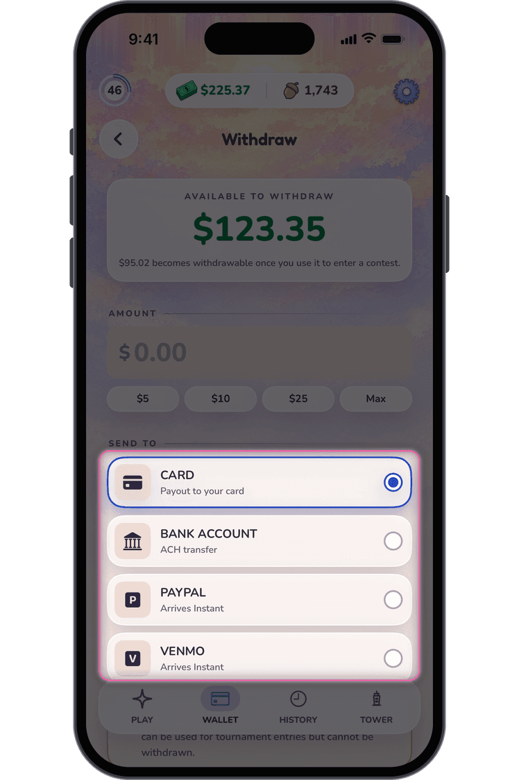 The Zodix withdraw screen: card, bank account, PayPal and Venmo payouts